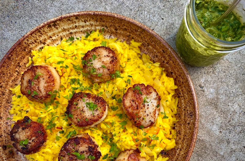 Easy Pan Seared Scallops with Saffron Rice and Herby Green Sauce